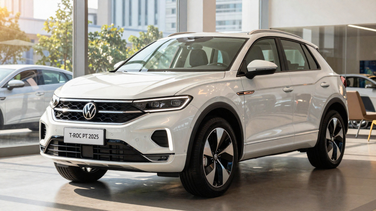 Weißer Volkswagen T-Roc PT 2025 SUV im Showroom bei Tageslicht.