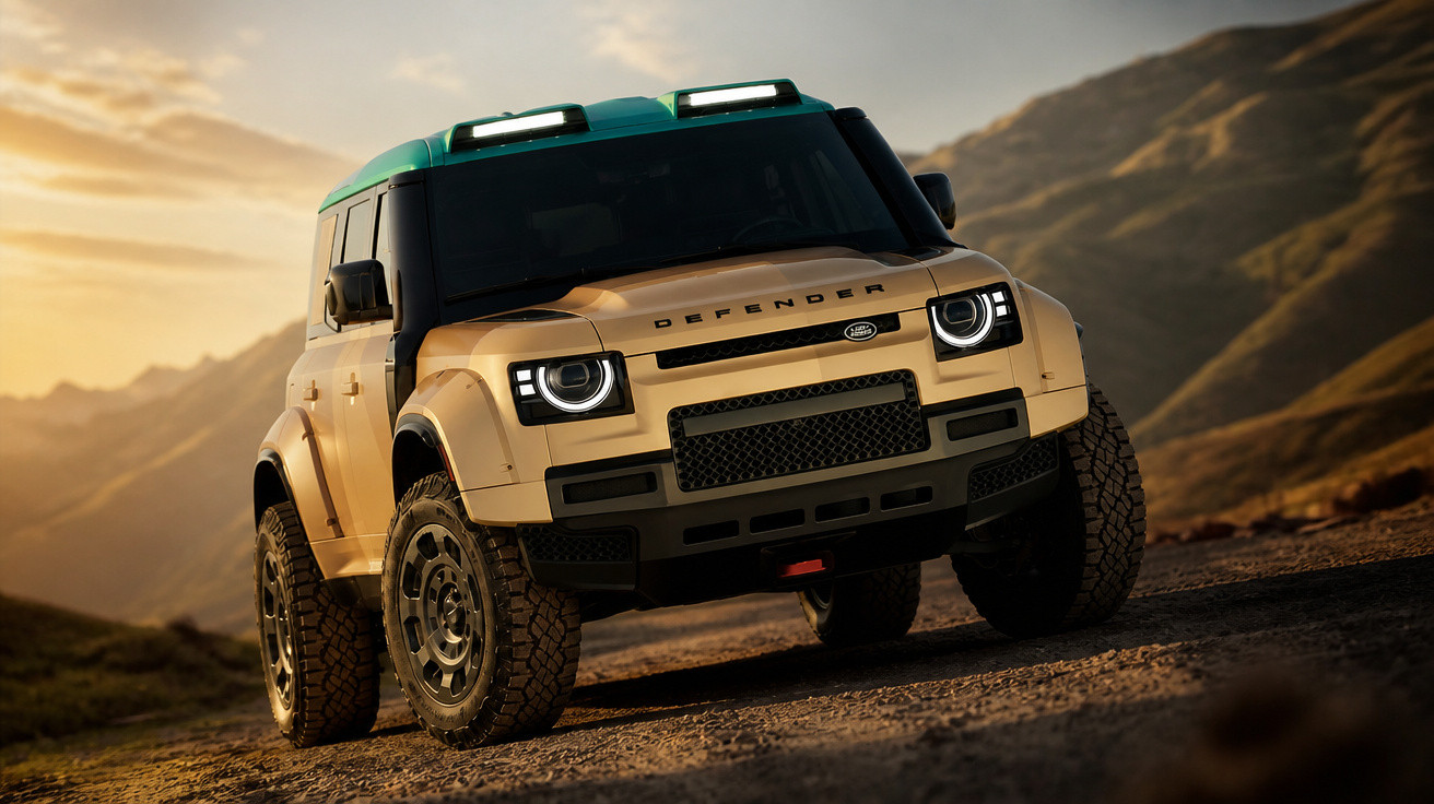 Gelber Land Rover Defender auf unbefestigtem Weg vor Berglandschaft bei Sonnenuntergang.
