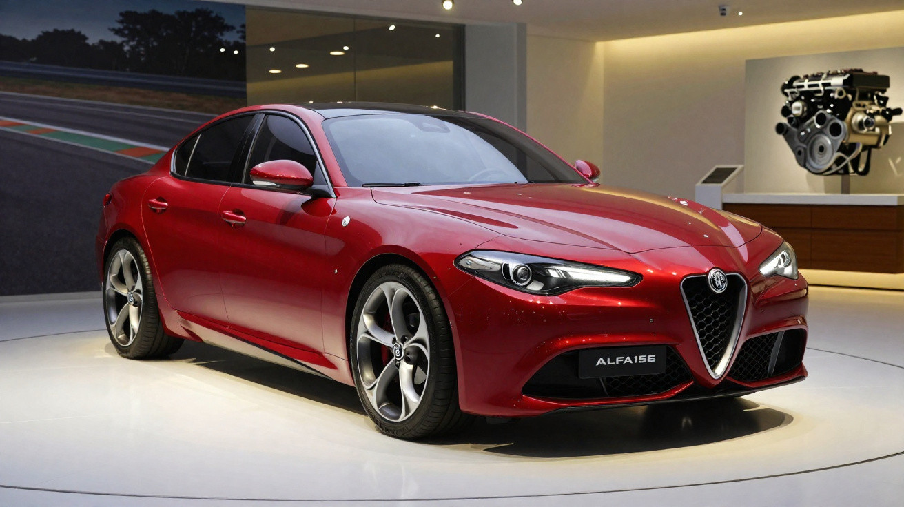 Roter Alfa Romeo Giulia Limousine auf weißem Ausstellungsboden mit Motorbild im Hintergrund.