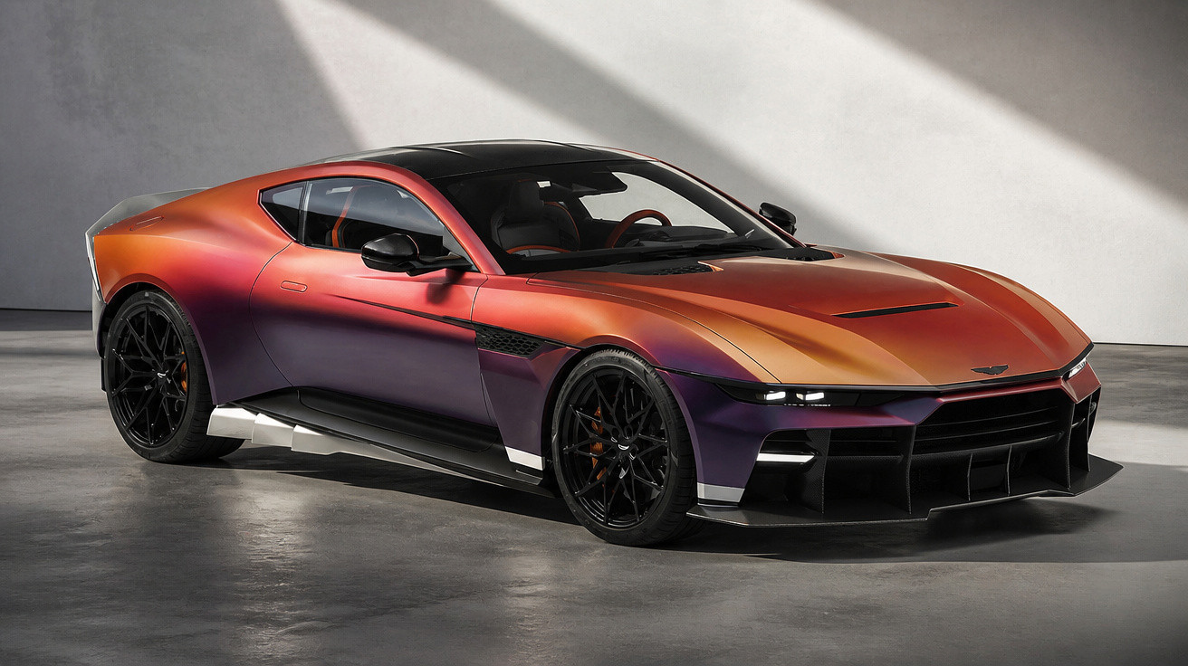 Sportlicher Aston Martin Supersportwagen in schimmerndem Orange-Lila Farbverlauf vor weißer Wand.