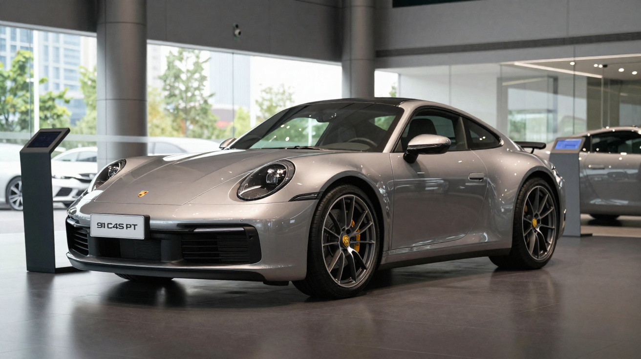 Silberner Porsche 911 C4S PT im Ausstellungsraum mit Glasfenstern und modernem Interieur.