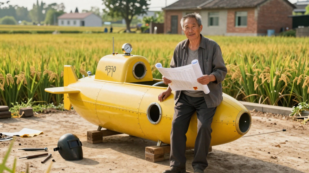 Älterer Mann mit Bauplänen neben selbstgebautem, gelbem Mini U-Boot auf einem Feldweg.