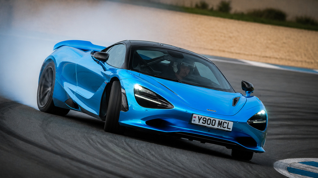 Blauer McLaren-Sportwagen driftet mit Rauchentwicklung auf Rennstrecke in Kurve.