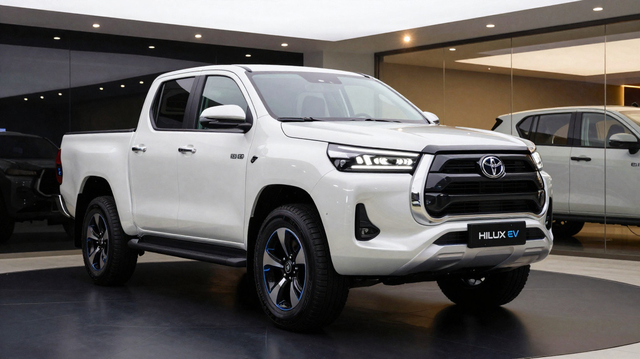 Weißer Toyota Hilux EV Pickup, geparkt in modernem Ausstellungsraum mit glänzendem Boden und Spiegelwand.