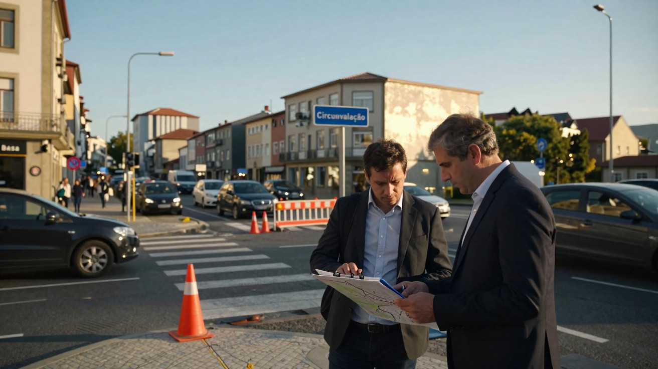 Zwei Männer im Anzug besprechen Pläne an einer Straße mit Verkehr und Gebäuden im Hintergrund.
