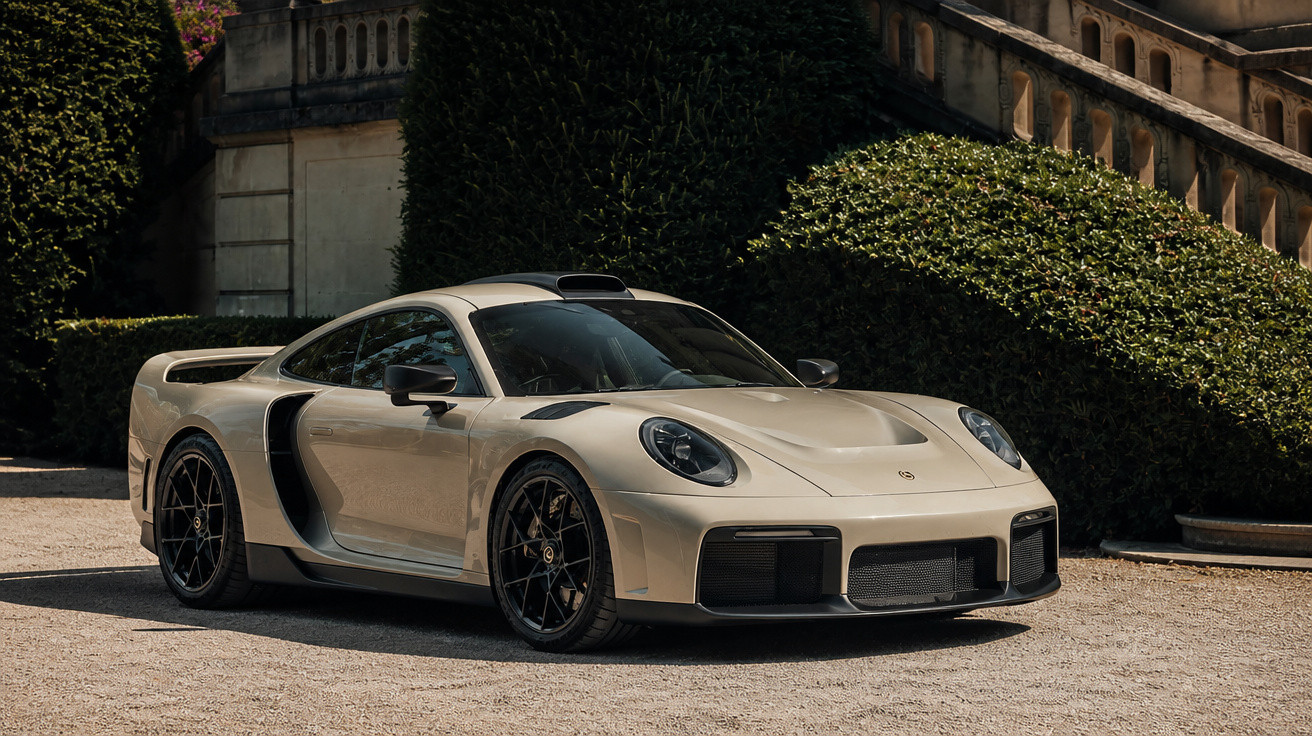 Beiger Porsche 911 GT2 RS mit schwarzen Felgen vor grünen Hecken und historischer Steintreppe.
