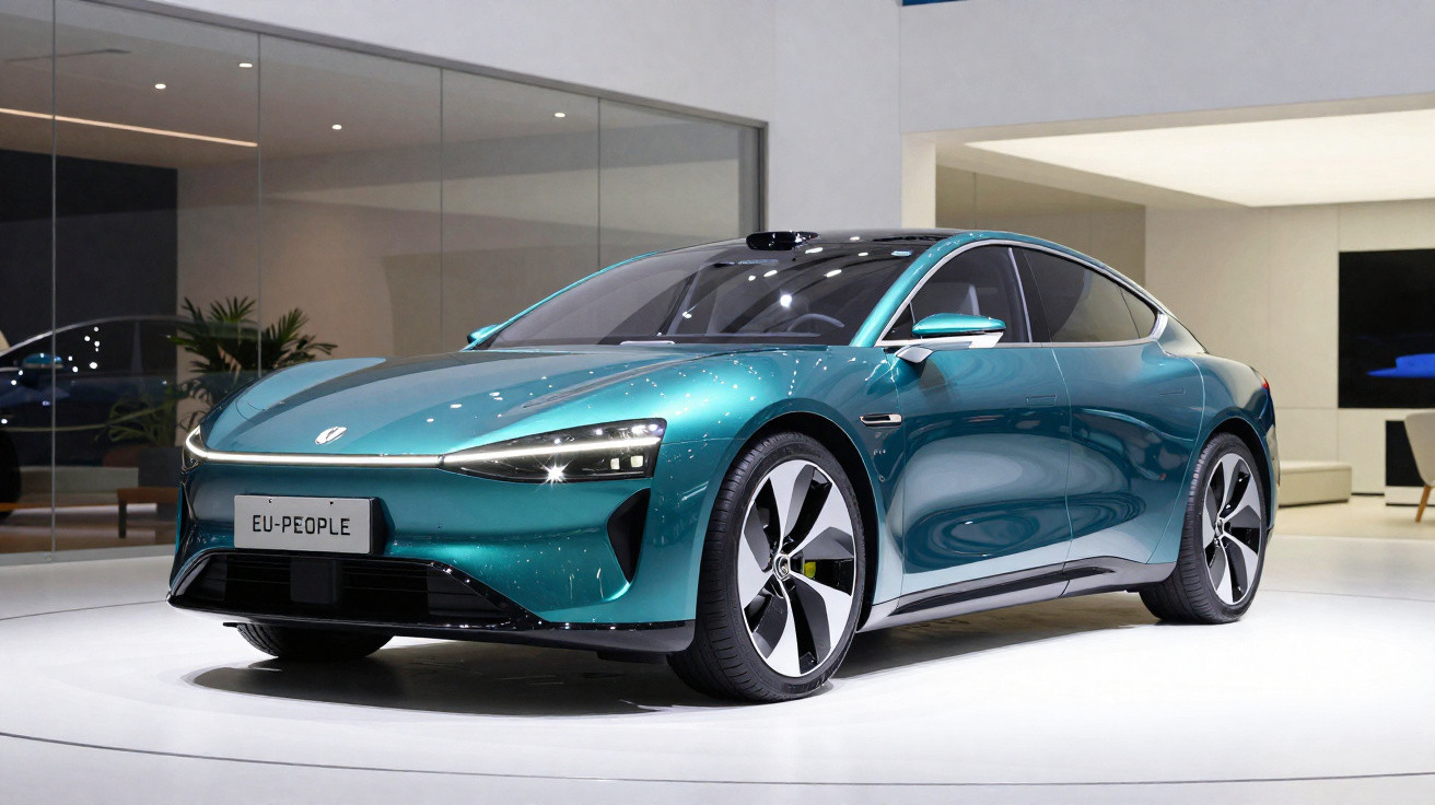 Blauer Elektro-Sportwagen mit aerodynamischem Design in modernem Ausstellungsraum auf weißer Fläche.