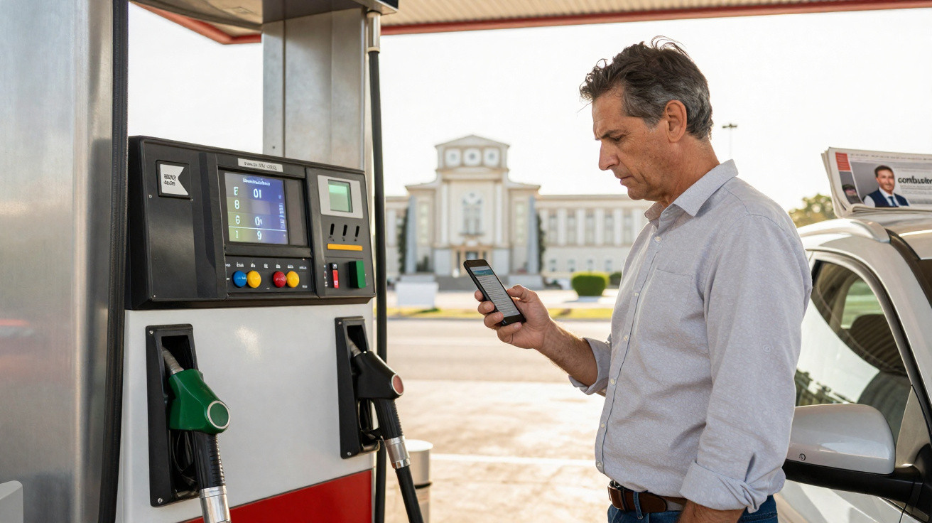 Mann steht an Tankstelle neben Zapfsäule und blickt auf sein Smartphone.