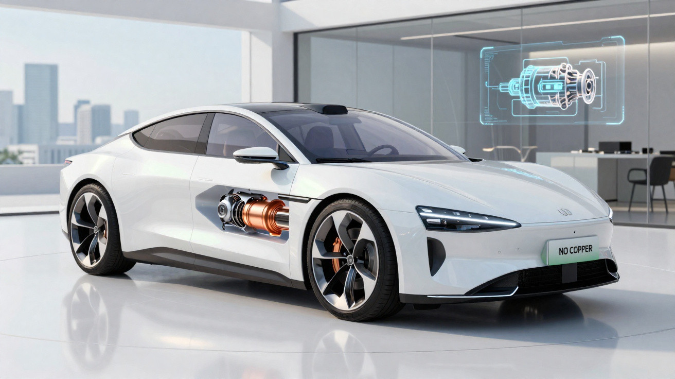 Weißes Elektroauto mit eingeblendetem Antriebssystem und technischem Schaubild im modernen Raum.