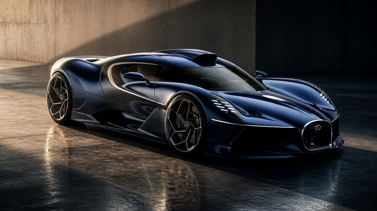Eleganter schwarzer Supersportwagen in futuristischem Design in einem dunklen, minimalistischen Raum.