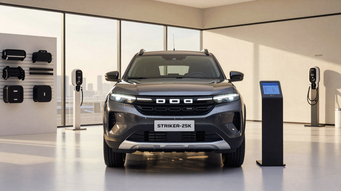 Grauer Dacia Striker-25K Elektro-SUV in modernem Showroom mit Ladestationen und Zubehör an der Wand.