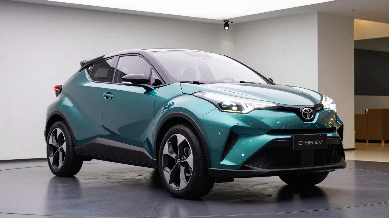 Türkisfarbener Toyota C-HR EV Elektro-SUV in modernem Innenraumstudio, Seiten-Frontansicht.