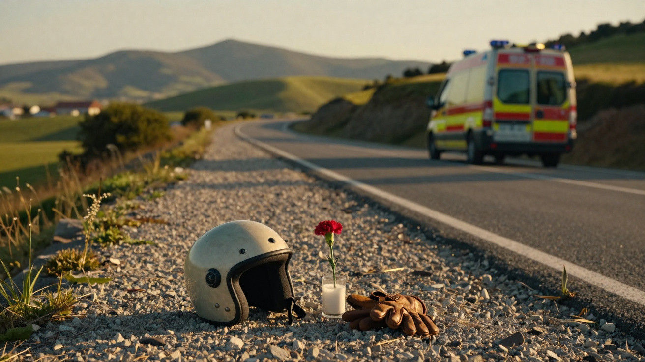 Motorradhelm, Handschuhe und Gedenkkerze mit Blume am Straßenrand, Rettungswagen entfernt im Hintergrund.