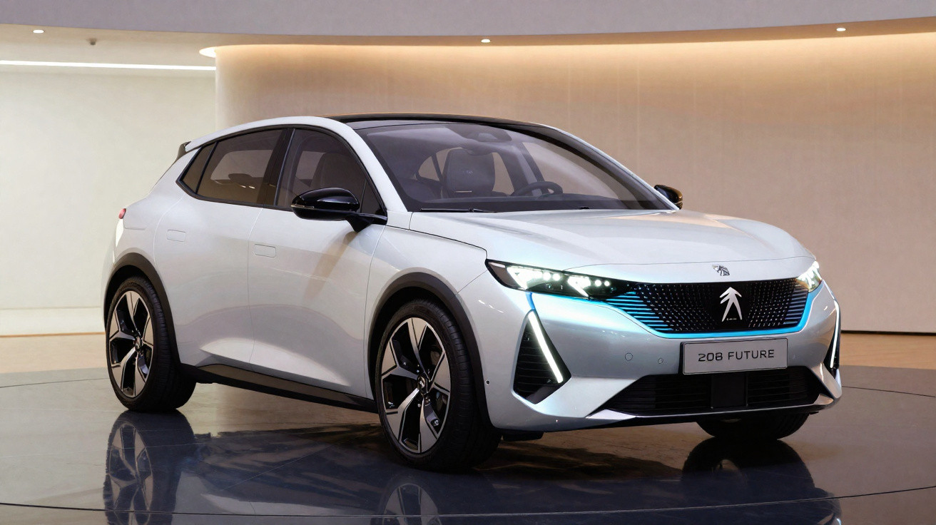 Weißer Peugeot 208 Future Elektroauto in moderner Ausstellung mit hellem Hintergrund und Beleuchtung.