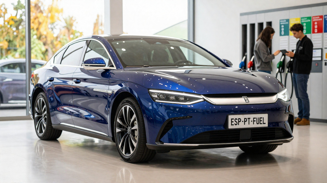 Blaues Elektroauto in modernem Showroom mit zwei Personen an Ladestationen im Hintergrund.