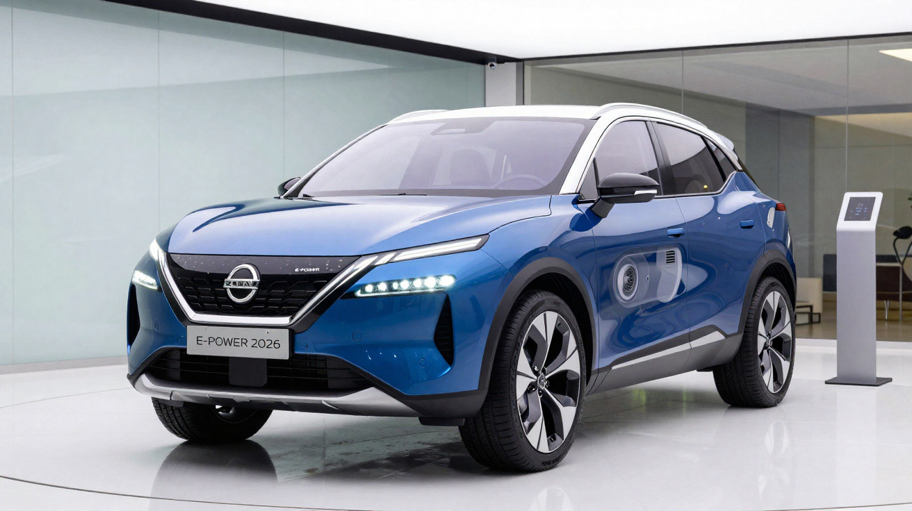 Blauer Nissan E-POWER 2026 Elektro-SUV in moderner Ausstellungshalle mit poliertem Boden.