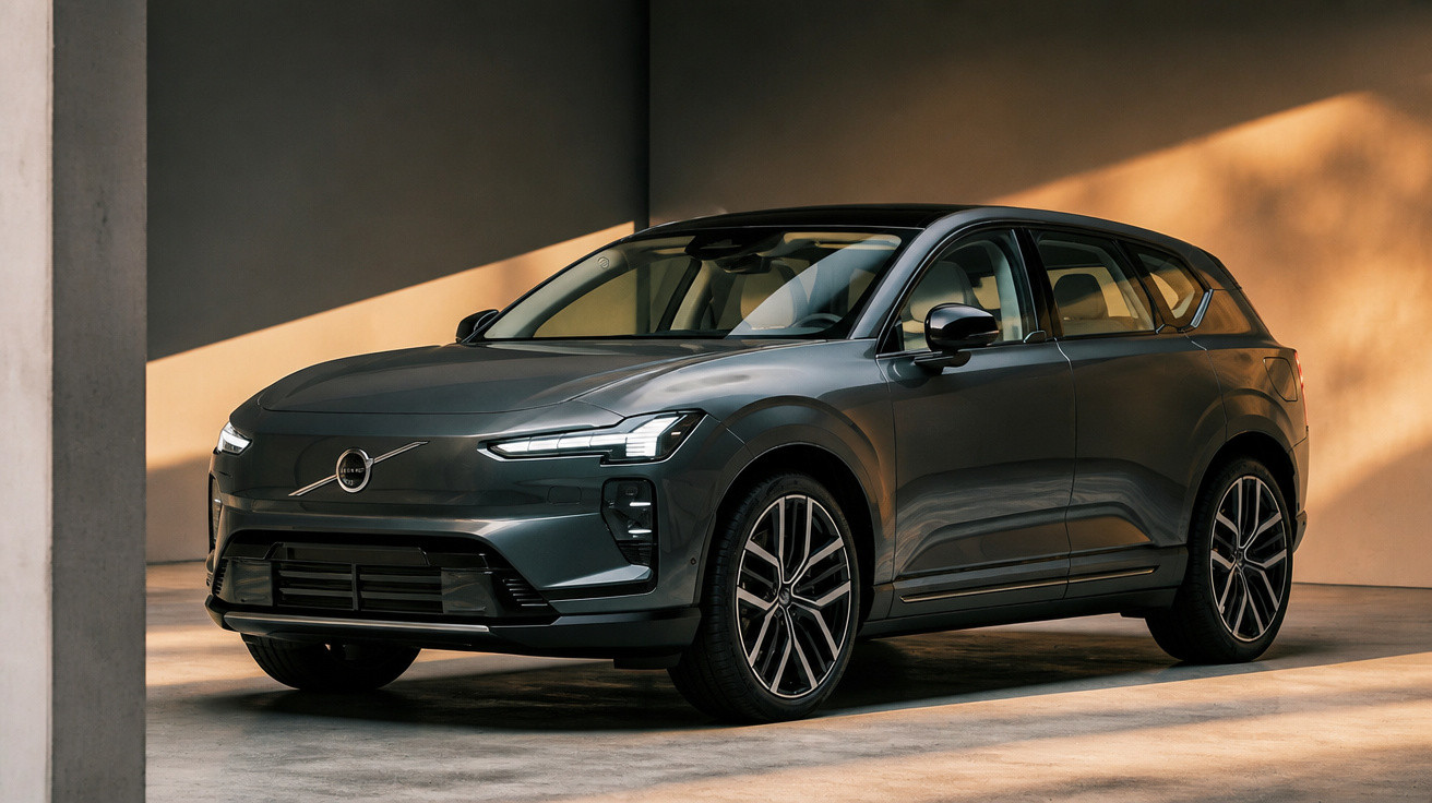 Dunkelgrauer Volvo SUV in moderner Garage mit seitlichen Lichtstrahlen und sportlichem Design.