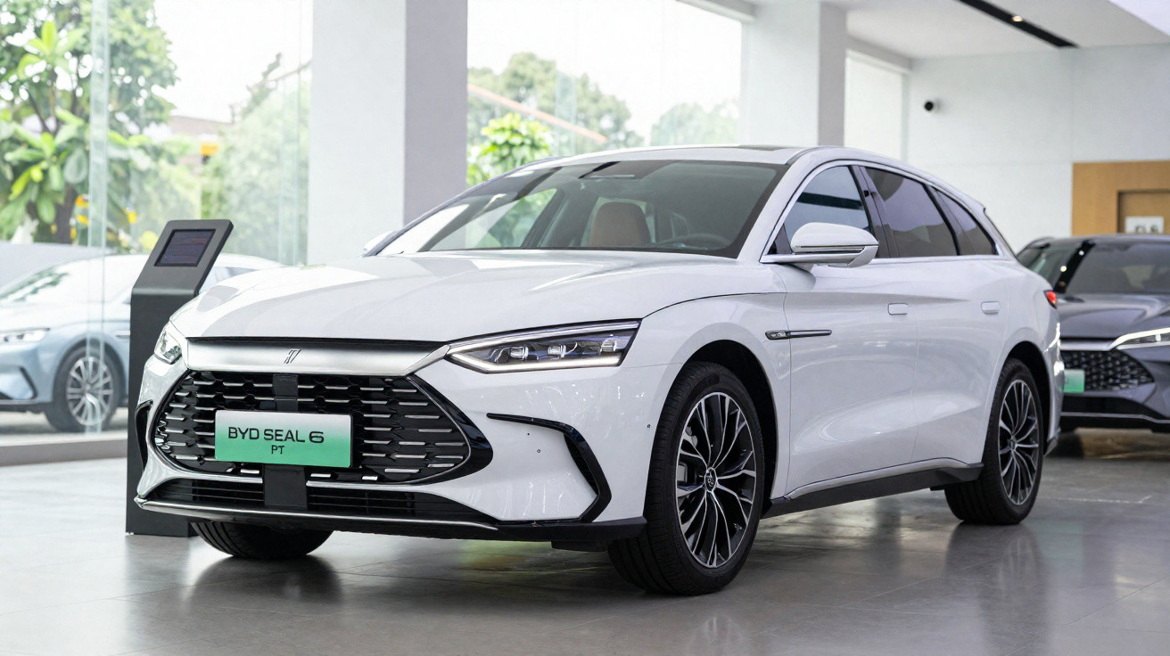 Weißes BYD Seal 6 Elektroauto im Showroom mit modernem Design und schwarzem Kühlergrill.