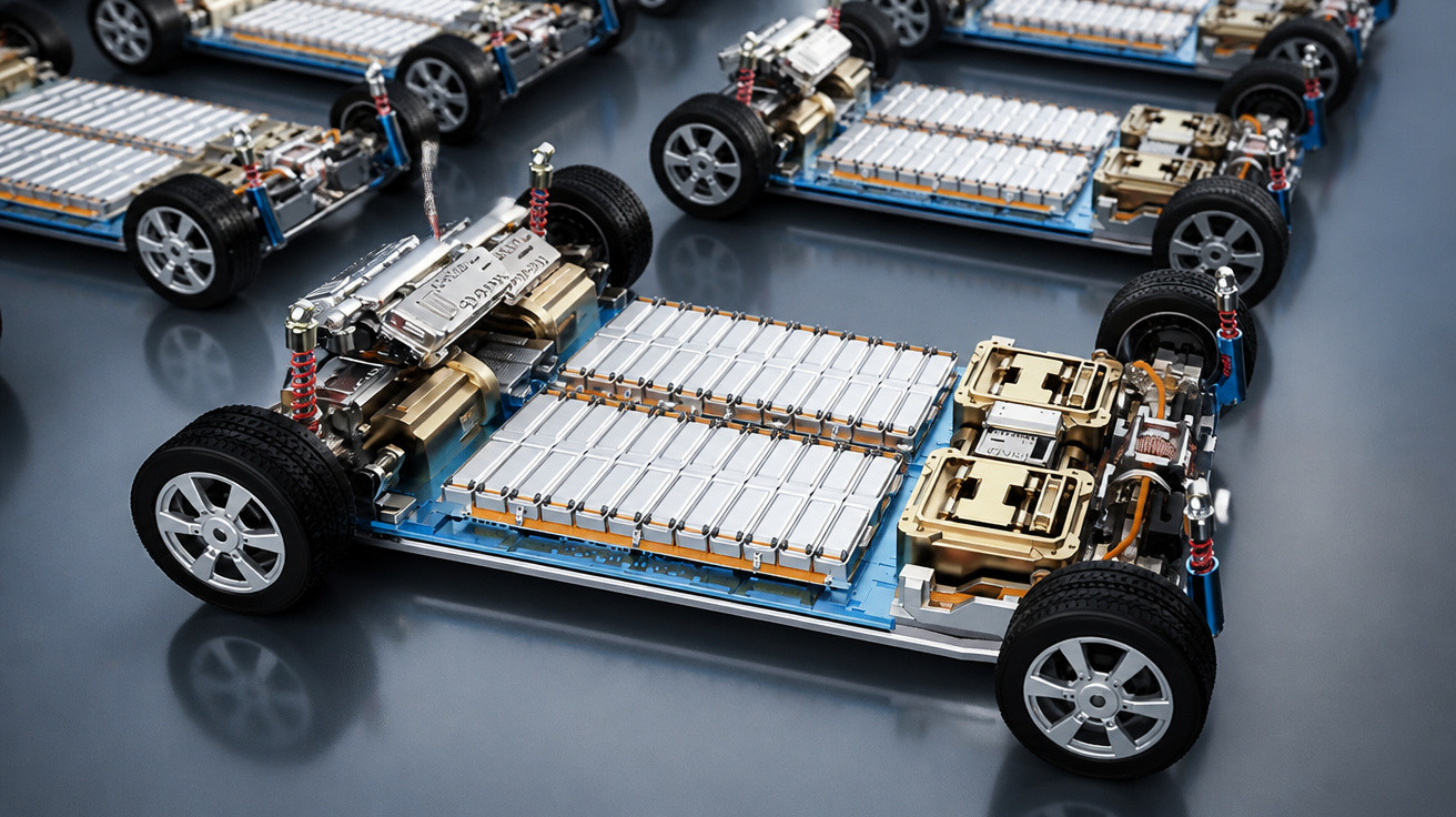 Elektrofahrzeug-Chassis mit Akkupacks, Elektromotoren und Aufhängung auf grauem Boden.