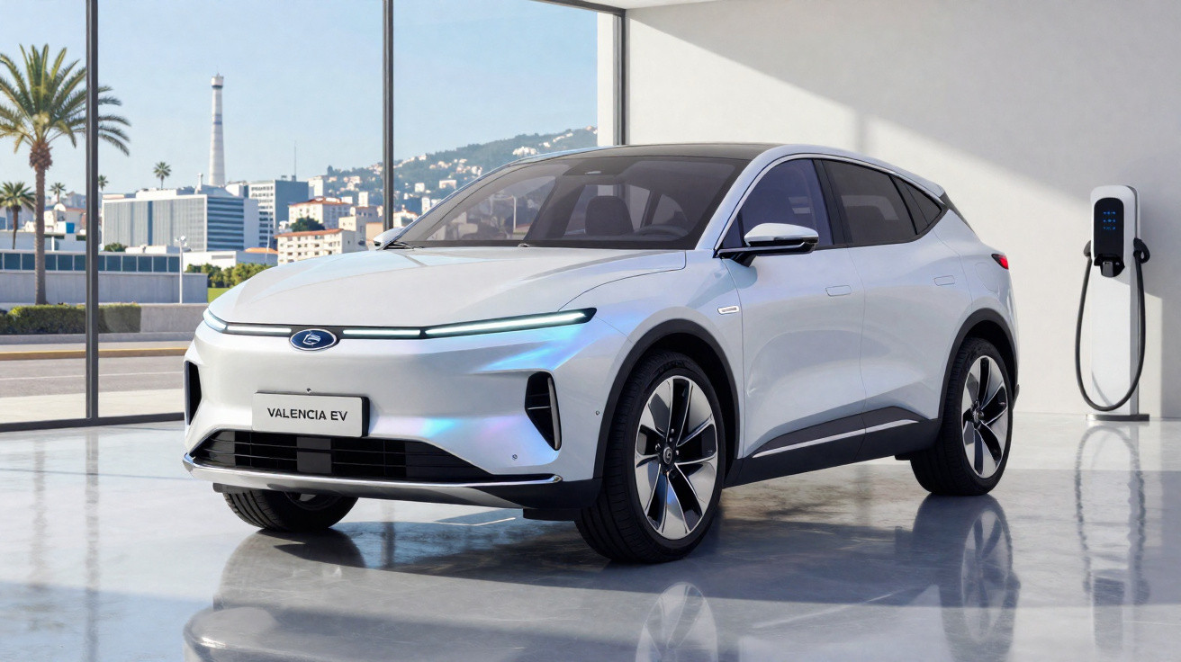 Weißes Elektro-SUV Valencia EV in moderner Garage an Ladestation stehend, helle Innenbeleuchtung, Stadtblick.
