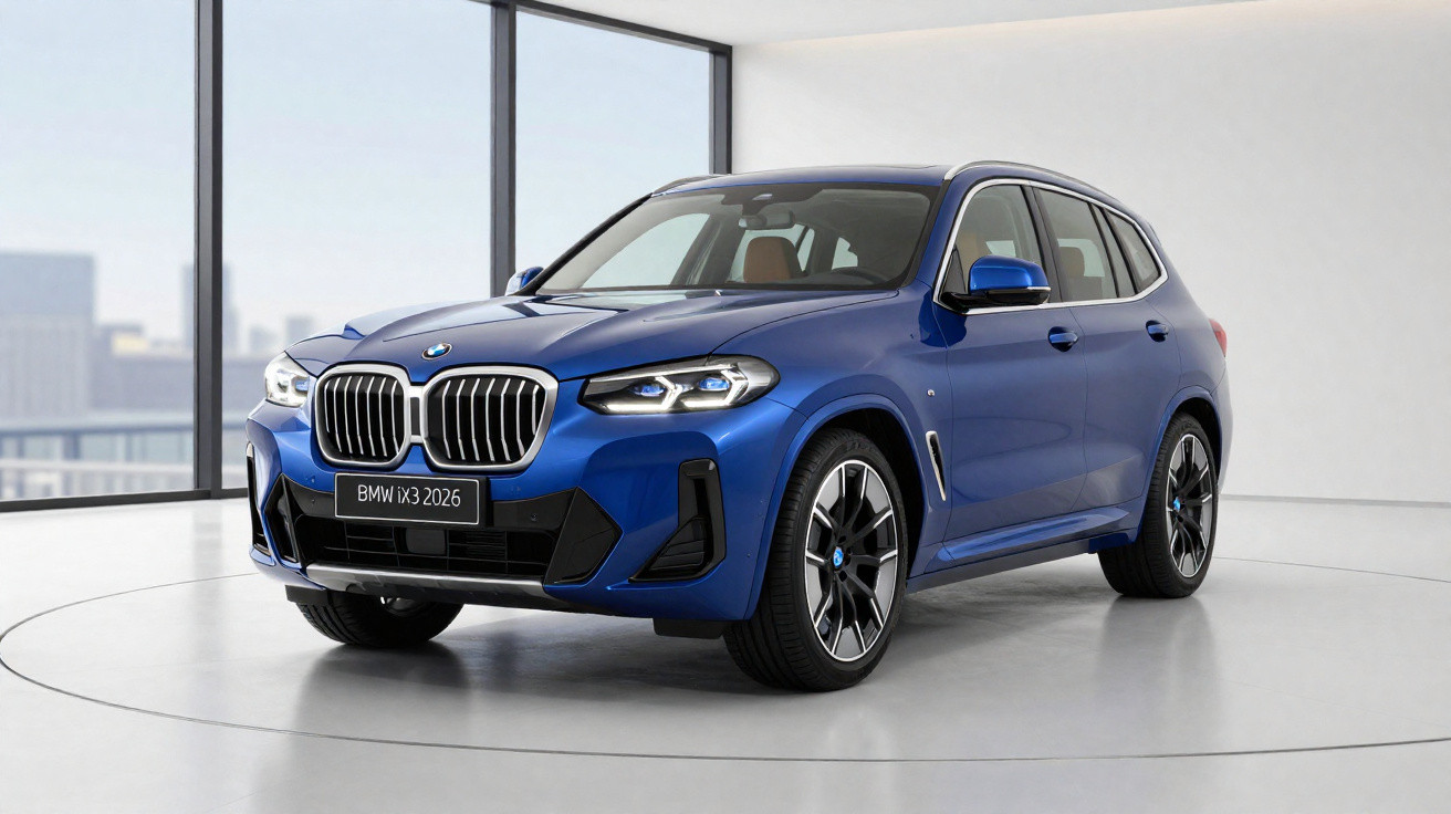 Blauer BMW iX3 2026 Elektro-SUV in hellem, modernem Showroom vor großen Fenstern