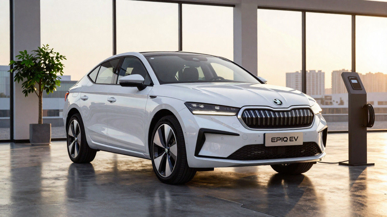 Weißer Škoda EPIQ EV Elektroauto lädt an Ladestation in modernem, sonnendurchflutetem Raum mit großer Fensterfront.