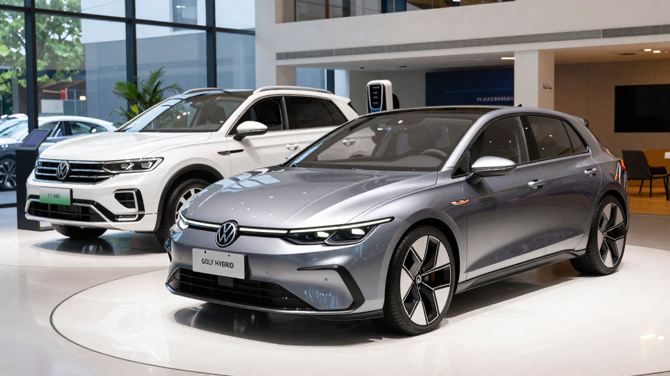 Zwei Volkswagen Fahrzeuge im Autohaus, vorne ein silberner Golf Hybrid, hinten ein weißer SUV.