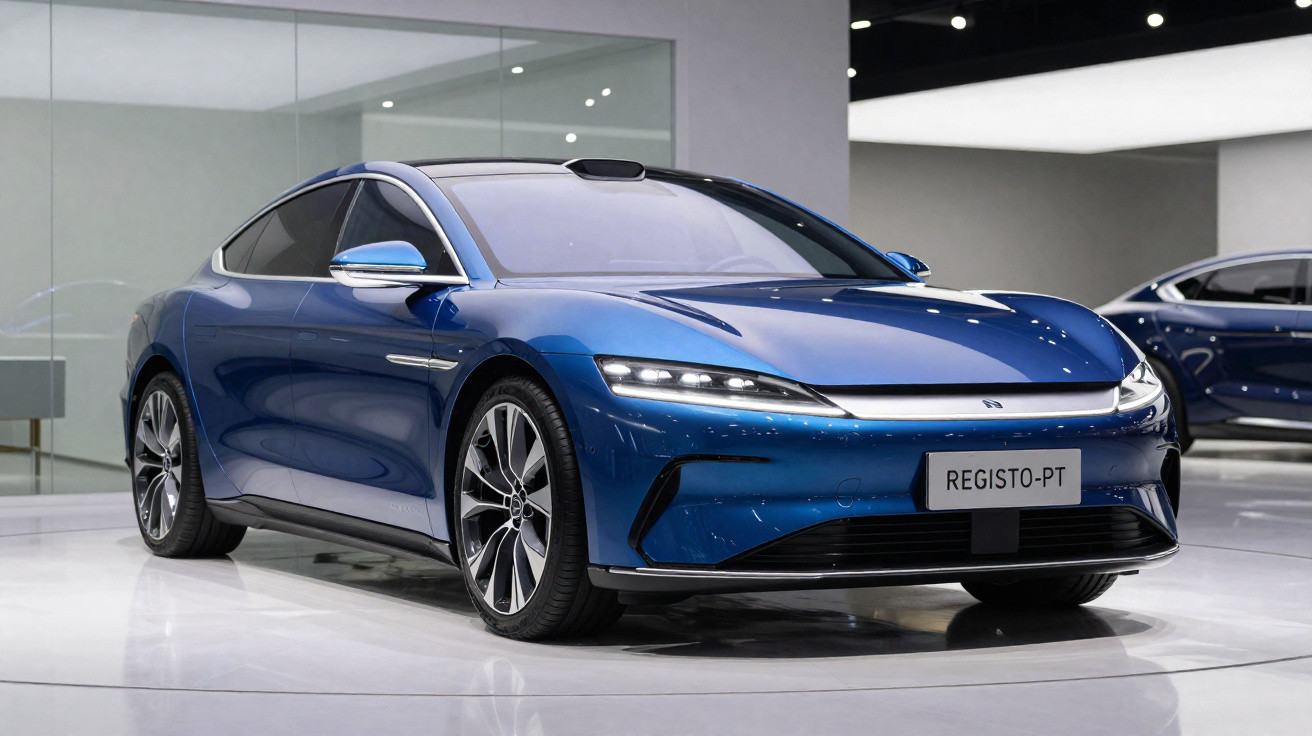 Blauer, moderner Elektro-Limousine auf glattem Boden in heller Ausstellungshalle mit Glaswand im Hintergrund.