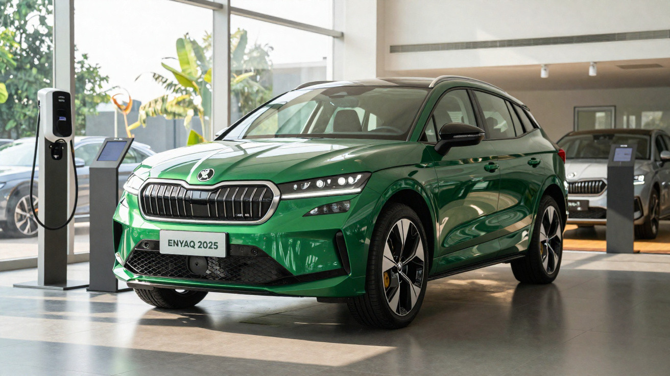 Grüner Škoda Enyaq 2025 Elektro-SUV steht in einem hellen Autohaus neben einer Ladestation.