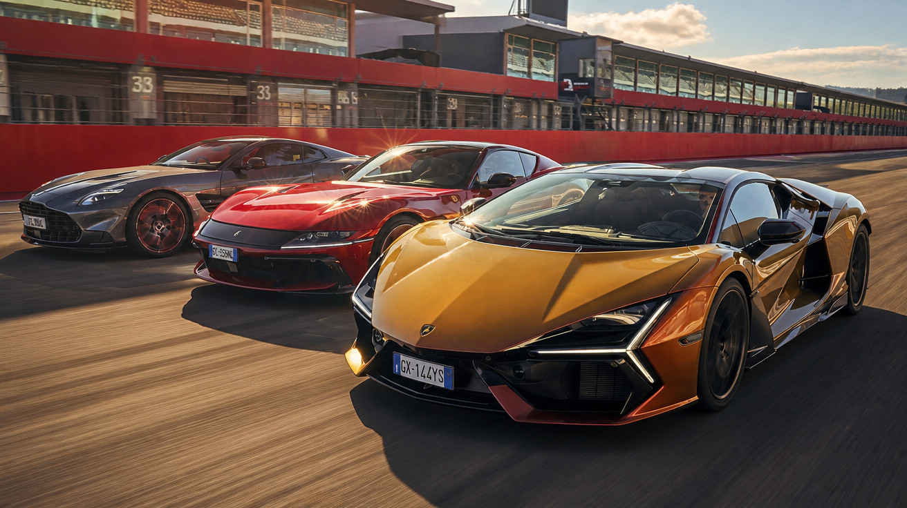 Drei Rennsportwagen in Bewegung auf einer Rennstrecke bei Sonnenlicht, vorne ein goldener Lamborghini.