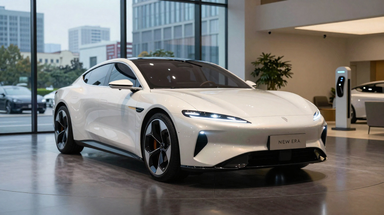 Weißes Elektroauto mit futuristischem Design steht in modernem Showroom bei Tageslicht.