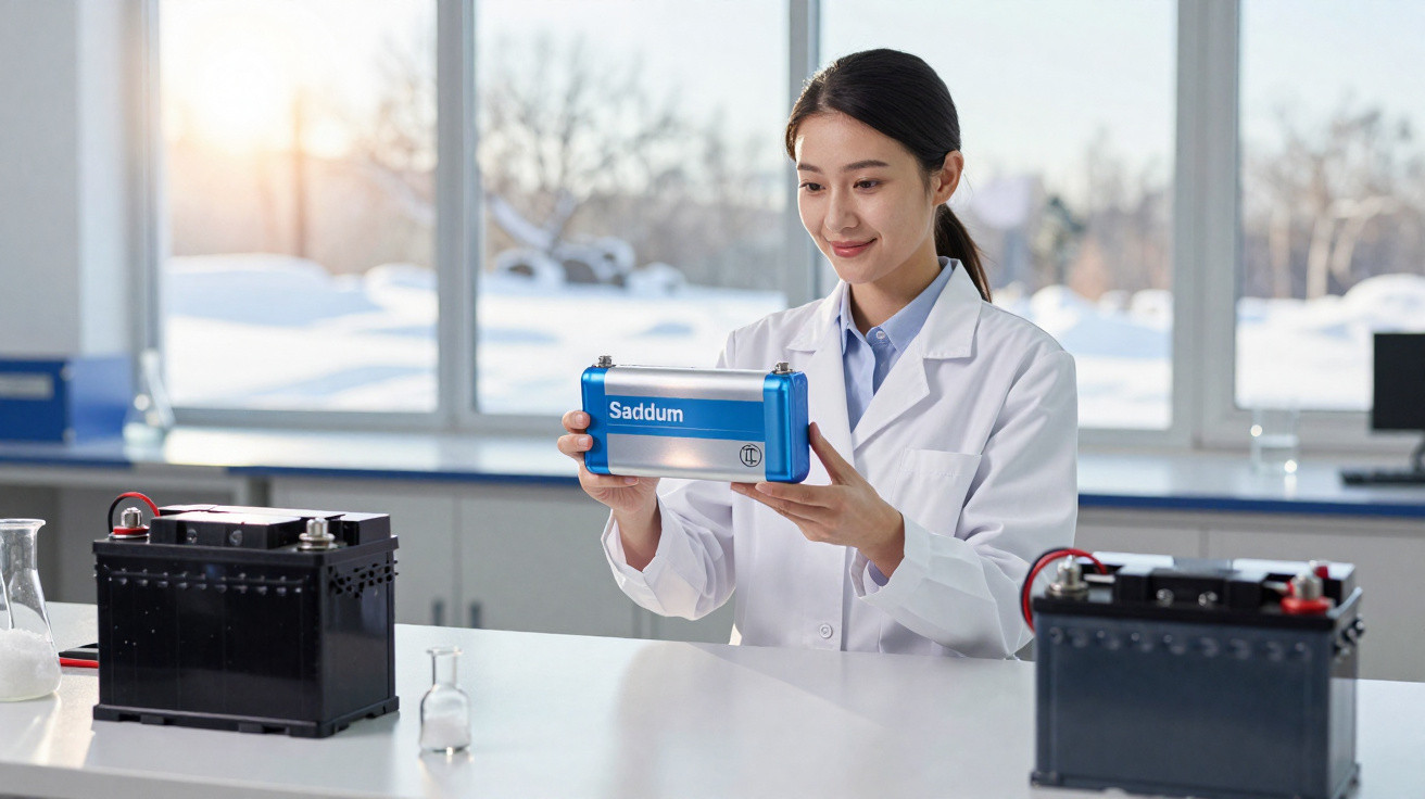 Junge Wissenschaftlerin im Labor hält eine blaue Batterie mit der Aufschrift Saddum in den Händen.