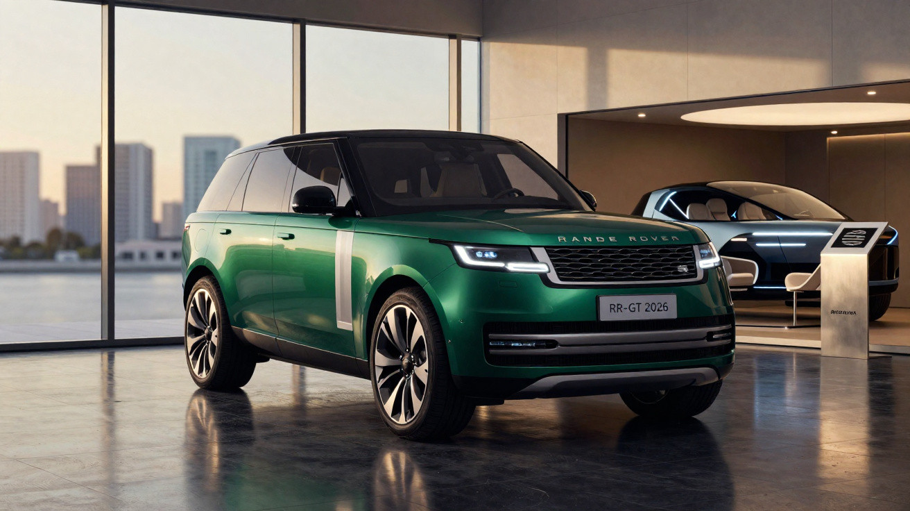 Grüner Range Rover SUV in modernem Showroom mit Panoramafenstern und Stadtblick bei Sonnenuntergang.