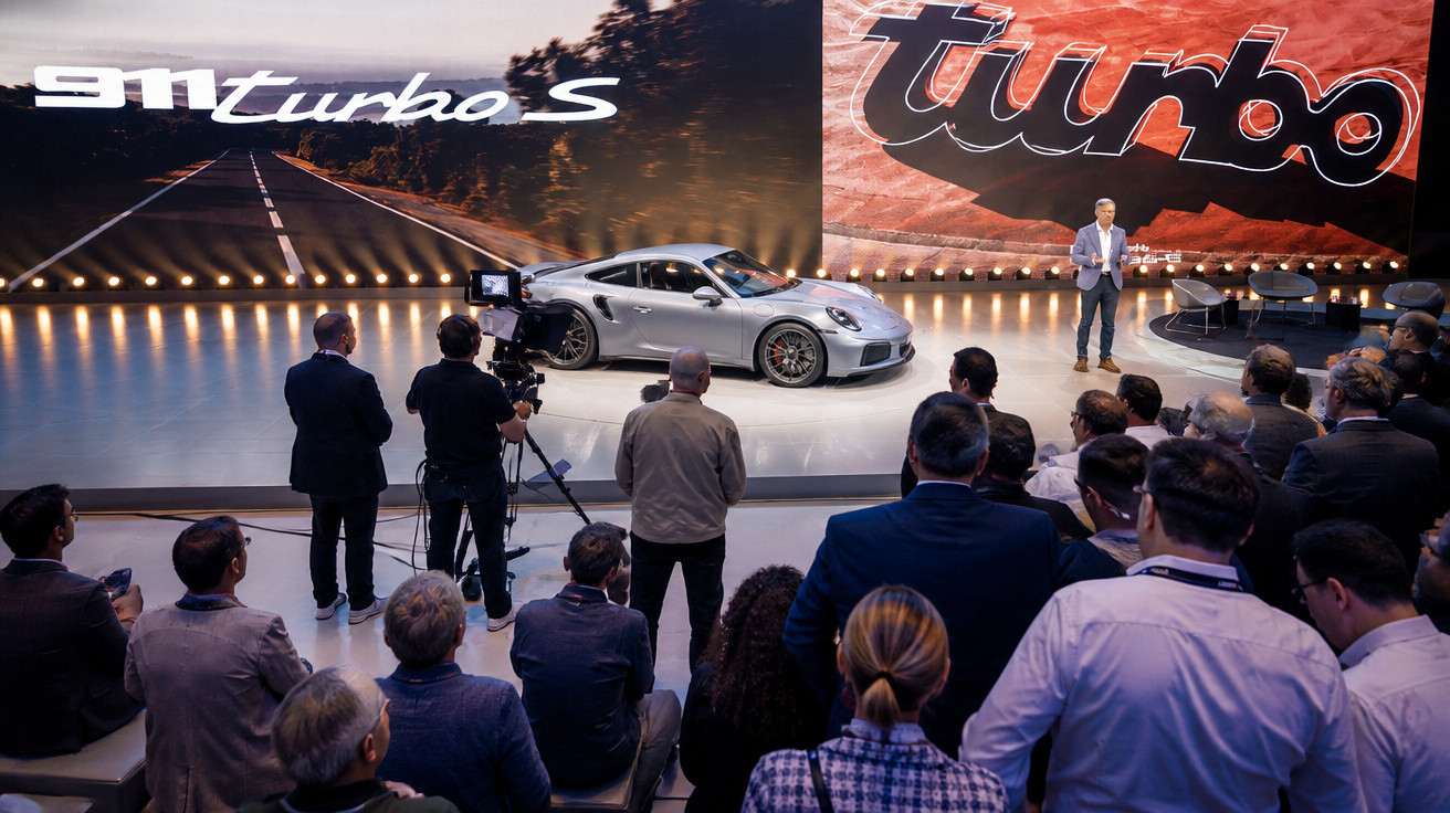 Publikum bei der Präsentation des Porsche 911 Turbo S auf einer Messe mit großer LED-Wand im Hintergrund.
