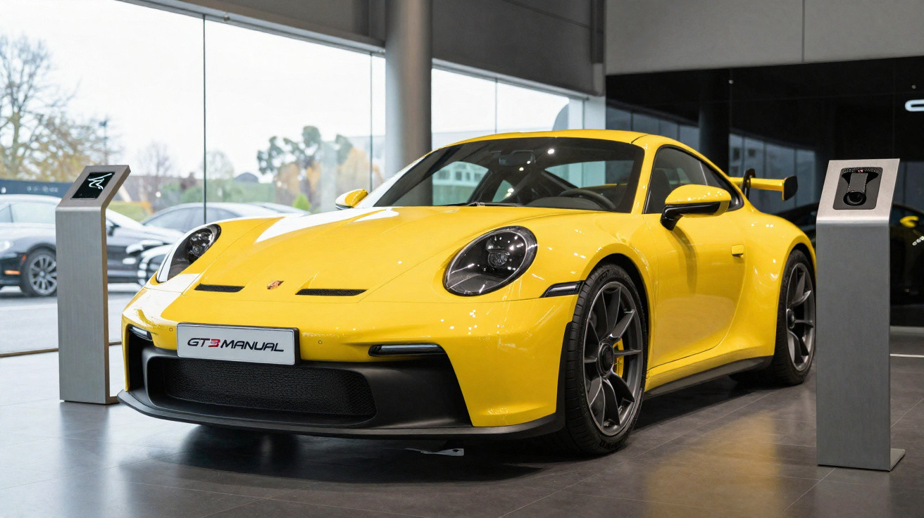 Gelber Porsche 911 GT3 mit schwarzem Spoiler in einem modernen Autohaus, Frontansicht leicht seitlich.