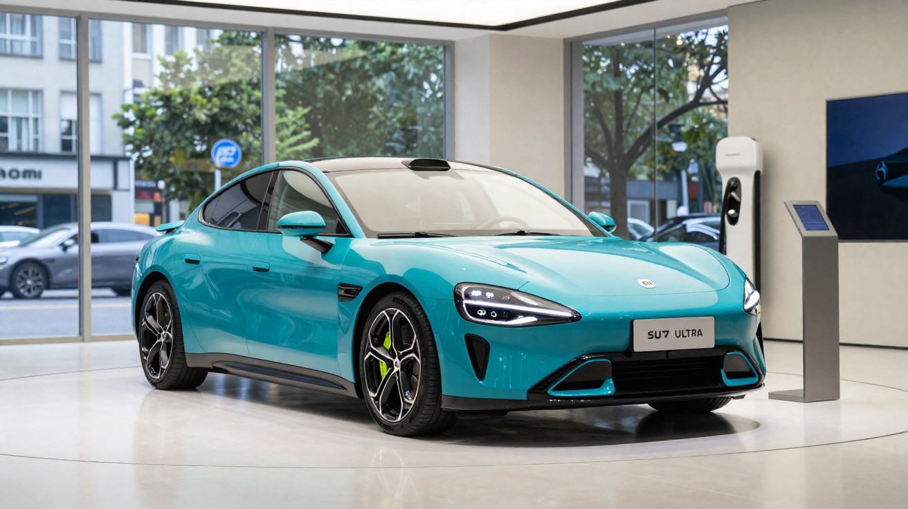 Blaues Elektroauto Kia EV6 steht in modernem Showroom neben Ladestation und Info-Terminal.