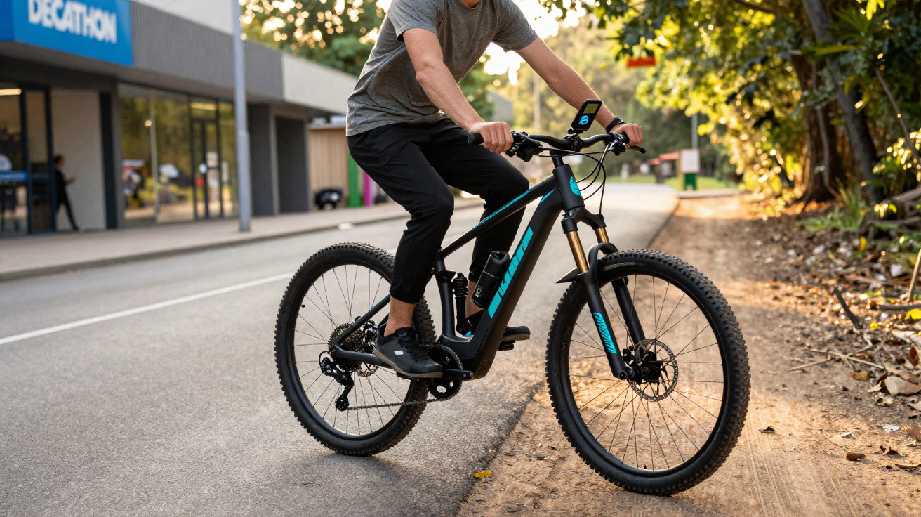 Person fährt ein schwarzes Mountainbike auf einem Straßen- und Waldweg neben einem Decathlon-Geschäft.