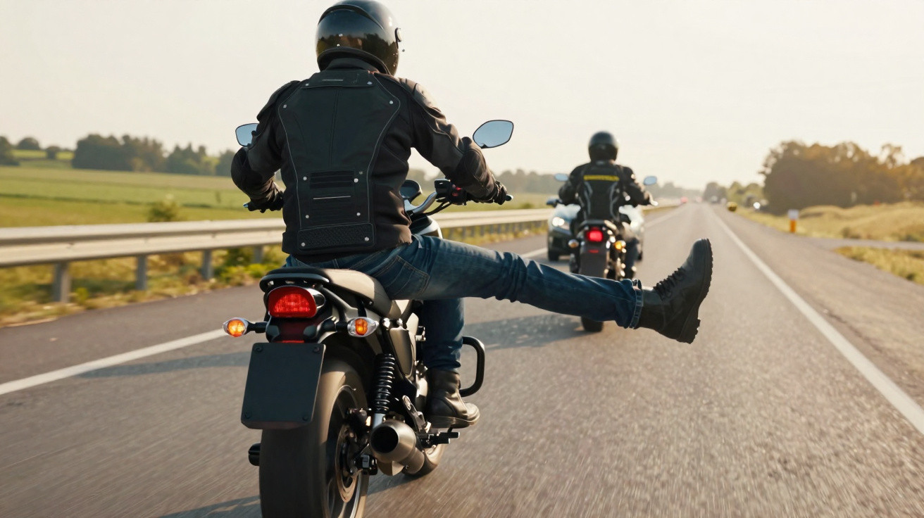 Zwei Motorradfahrer auf Landstraße, einer streckt entspannt ein Bein während der Fahrt aus.