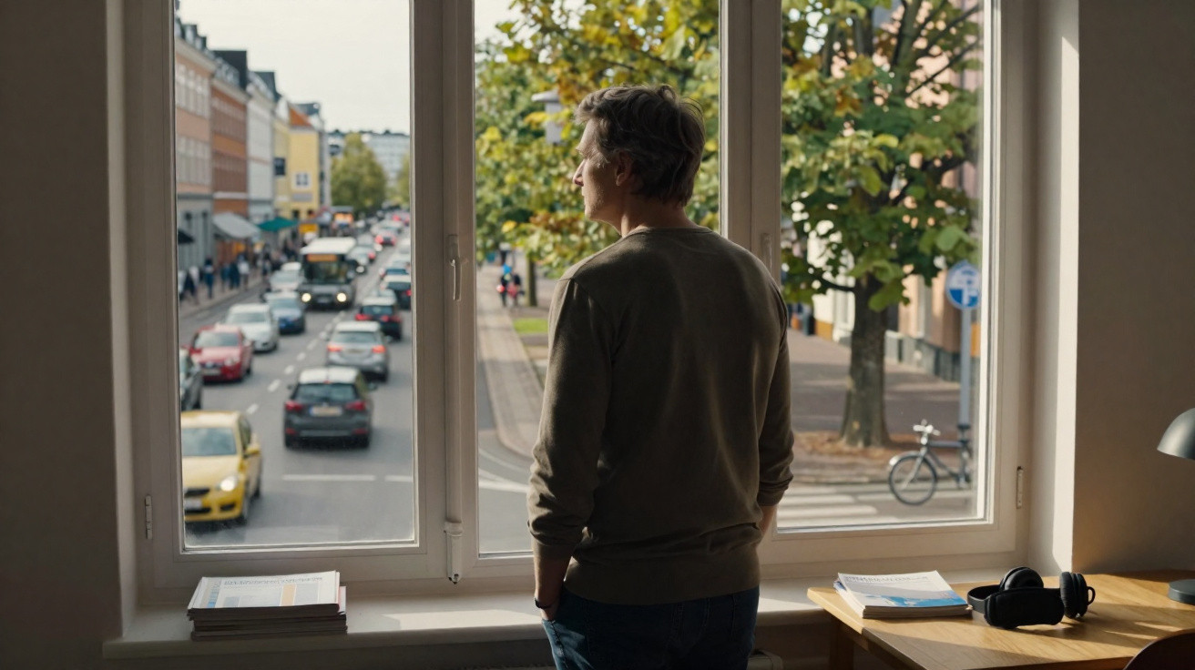 Mann steht am Fenster und blickt auf eine belebte Straße mit Autos und Bäumen in der Stadt.
