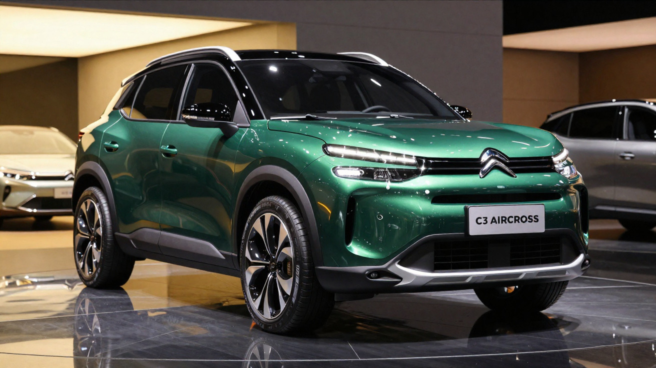 Grüner Citroën C3 Aircross SUV mit schwarzem Dach auf glänzendem Boden in heller Ausstellungshalle.