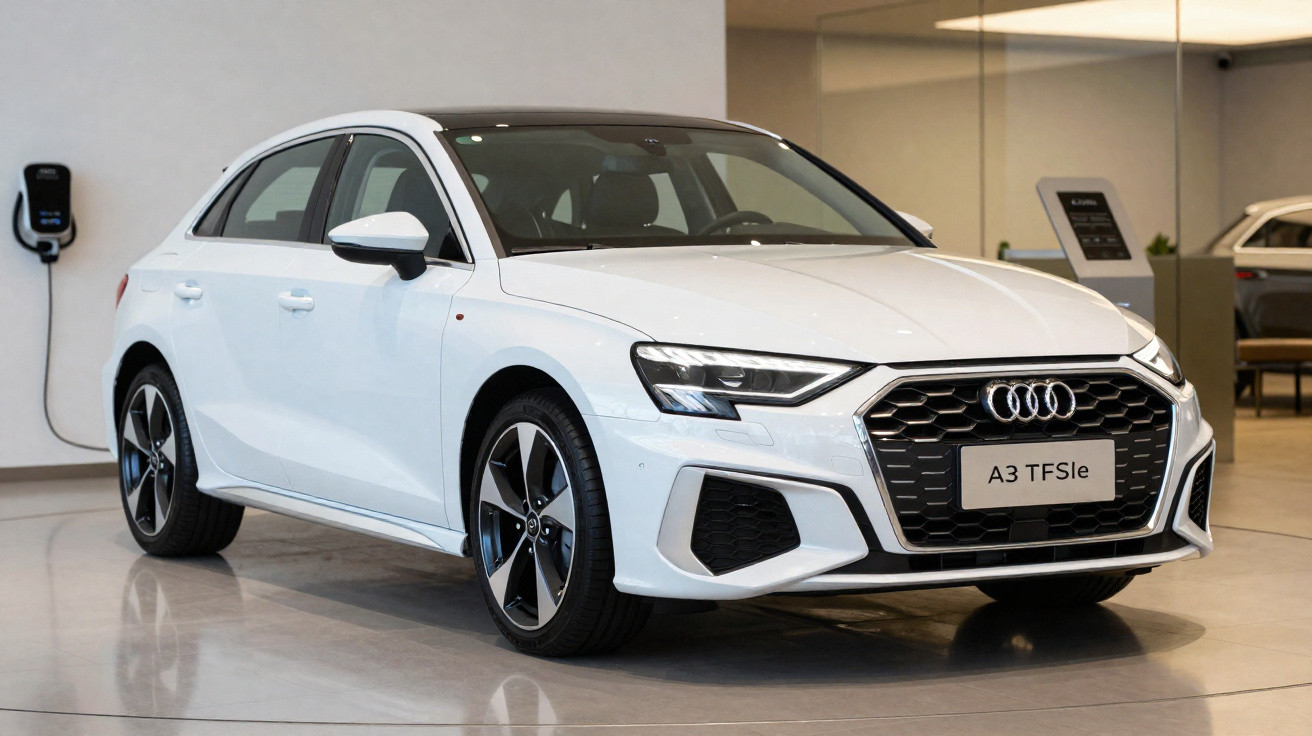 Weißer Audi A3 TFSIe Elektrowagen in modernem Showroom, Ladestation an der Wand sichtbar.