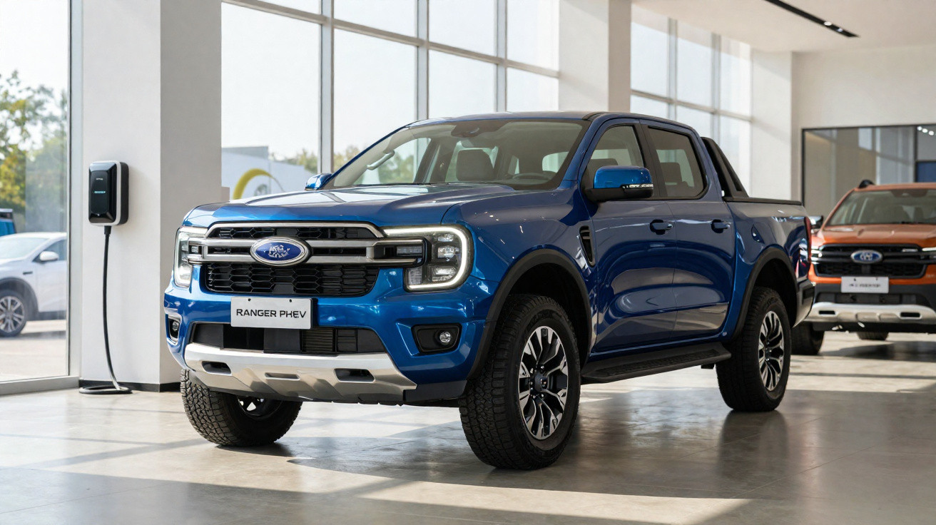 Blauer Ford Ranger PHEV Pick-up im Innenraum eines modernen Autohauses bei Tageslicht.