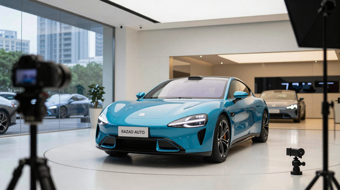 Blaues Elektroauto steht in modernem Showroom, Kamera im Vordergrund auf Stativ gerichtet.