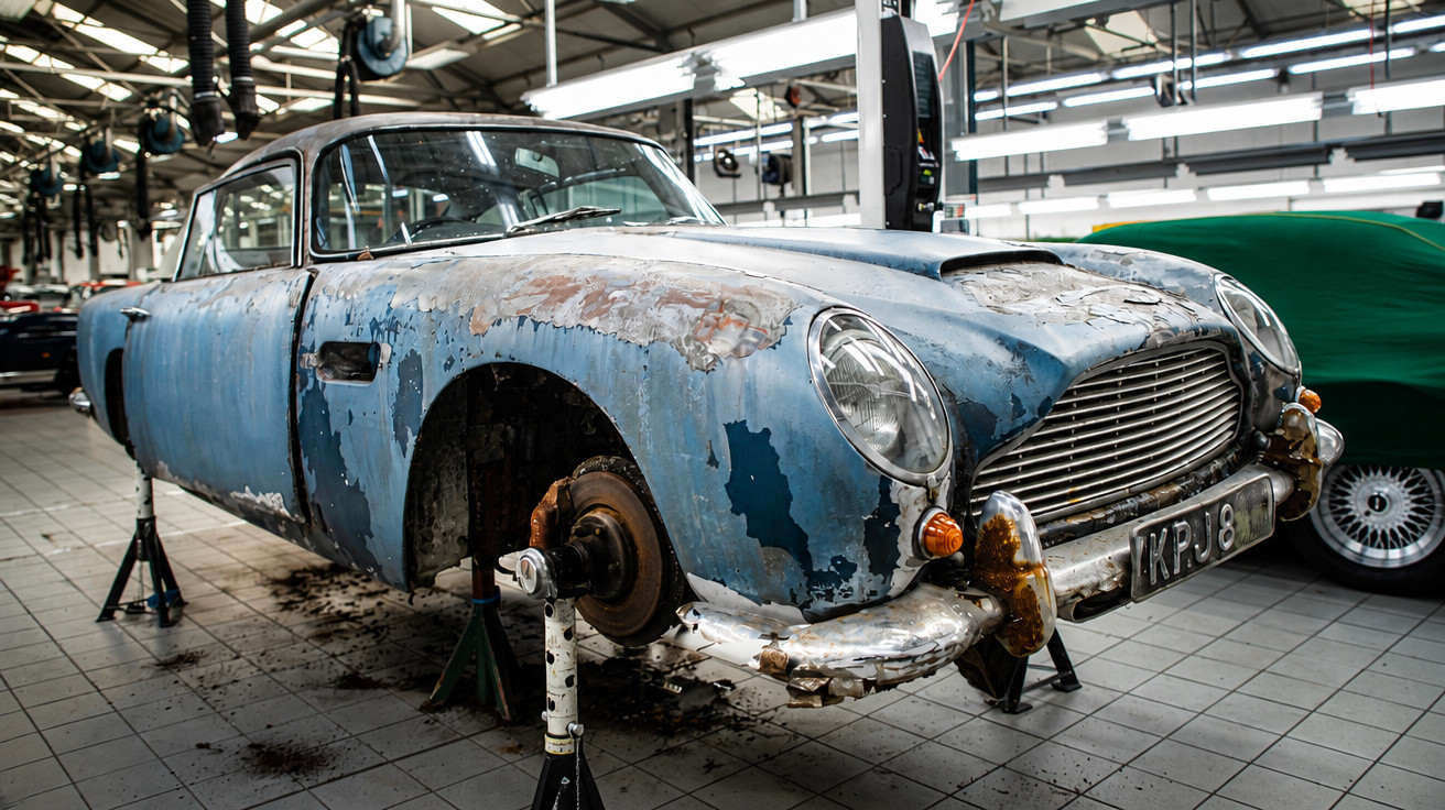 Alter blauer Oldtimer ohne Räder steht in Werkstatt auf Ständern zur Restaurierung.