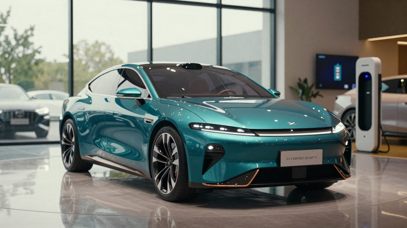 Türkisfarbener, futuristisch gestalteter Elektro-Sportwagen in einem Showroom mit großen Fenstern.