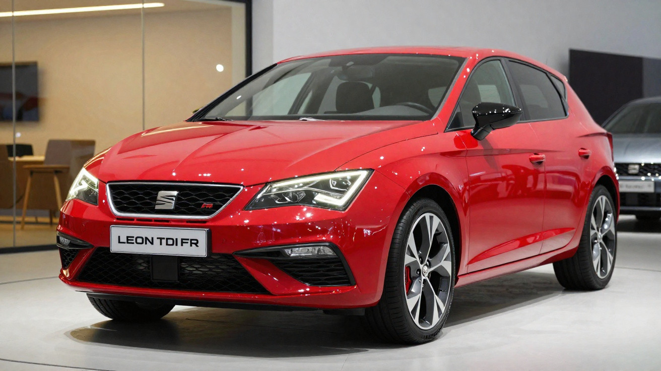 Roter Seat Leon TDI FR Sportwagen in einem Autohaus vor Glaswand und weiteren Fahrzeugen.
