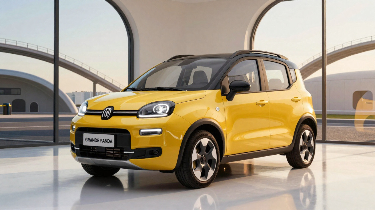 Gelber Fiat Grande Panda Kleinwagen mit schwarzem Dach in modernem Innenraum bei Tageslicht