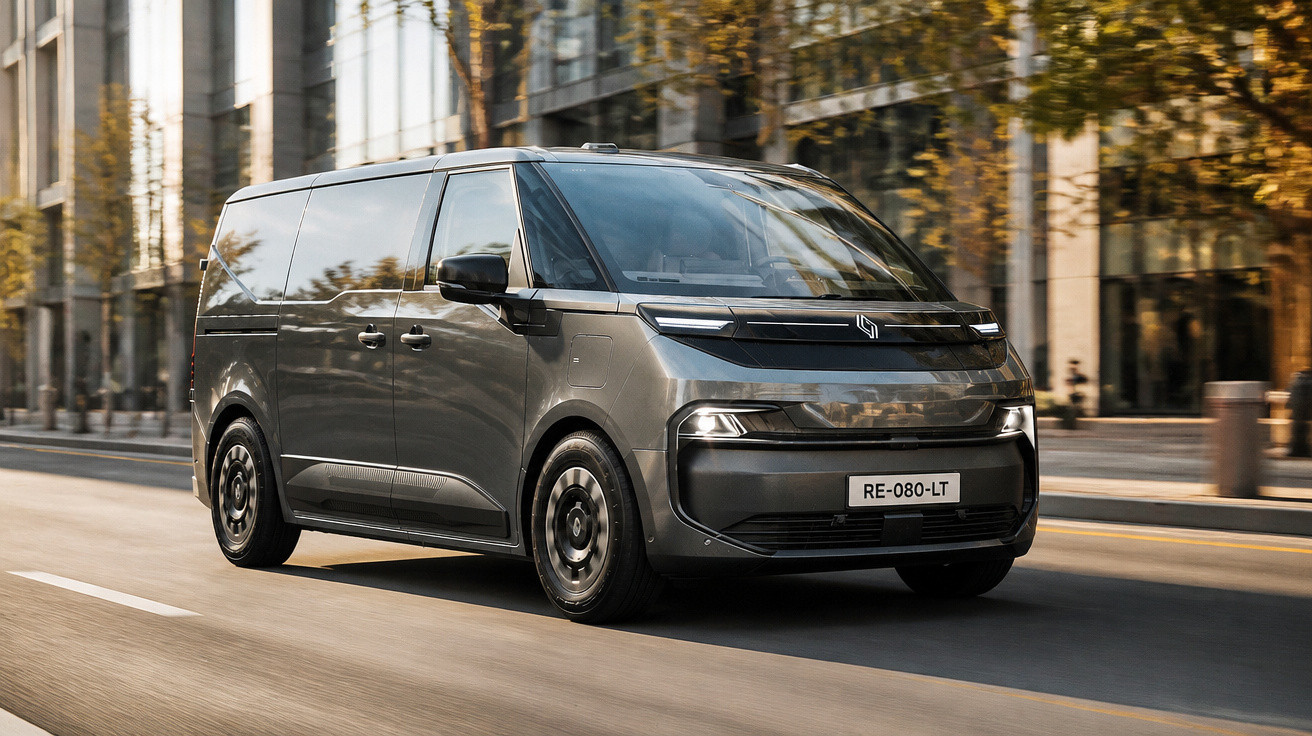 Moderner grauer Elektro-Van fährt auf urbaner Straße, umgeben von Gebäuden und Bäumen bei Tageslicht.