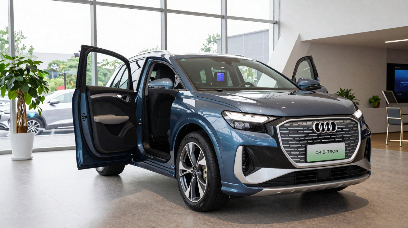 Blauer Audi Q4 E-Tron mit geöffneten Türen in hellem Autohaus vor großen Fenstern und Pflanzen.