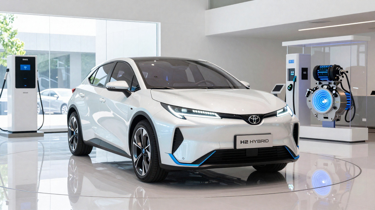 Weißer Toyota H2 Hybrid vor moderner Ladesäule in heller, futuristischer Ausstellungshalle.